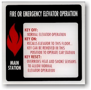 Model F-1004-FS-1
FIRE OR EMERGENCY ELEVATOR OPERATION
MAIN STATION
KEY OFF:
NORMAL ELEVATOR OPERATION
KEY ON:
RECALLS ELEVATOR TO THIS FLOOR
KEY CAN BE REMOVED IN THIS
POSITION TO OPERATE CAR STATION
KEY RESET:
OVERRIDES HEAT AND SMOKE SENSORS
TO ALLOW NORMAL
ELEVATOR OPERATION